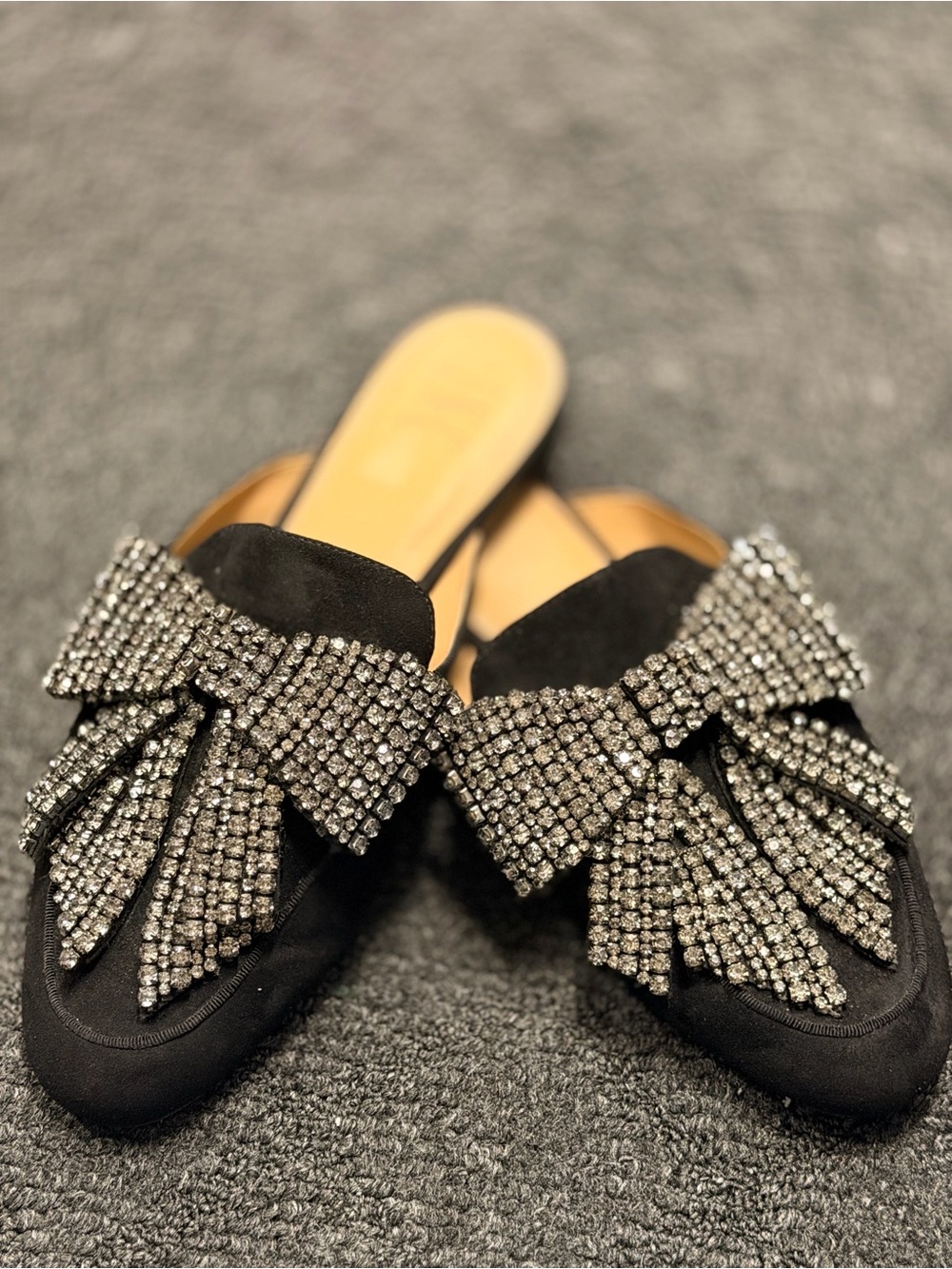 INC International Concepts Size 9 Rhinestone Bow Mule Loafers Black